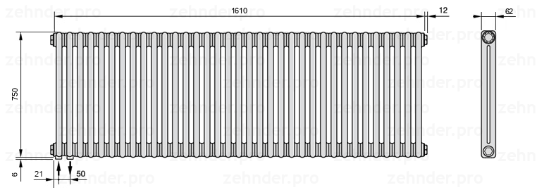 Схема (чертеж) Радиатор Zehnder Charleston 2075/35 №3370 Белый глянцевый RAL 9016